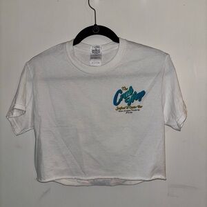 White Cropped Tee with Teal & Yellow Crab Trap Logo